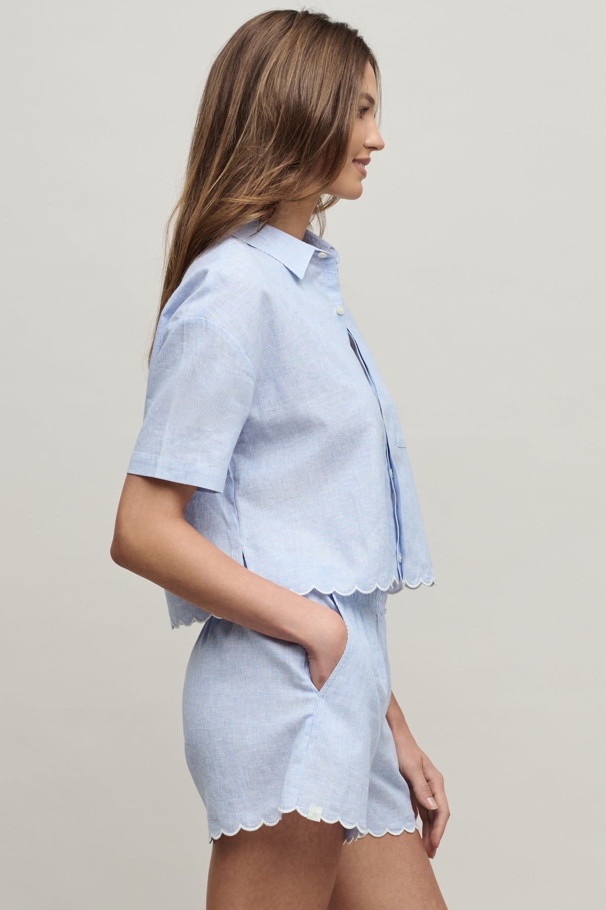 Barefoot Dreams Linen Blend Stripe Shirt with Scallop in Lakeside Stripe โ relaxed boxy button-up with scalloped embroidered hem, available at Shaddow & Fish, Key West