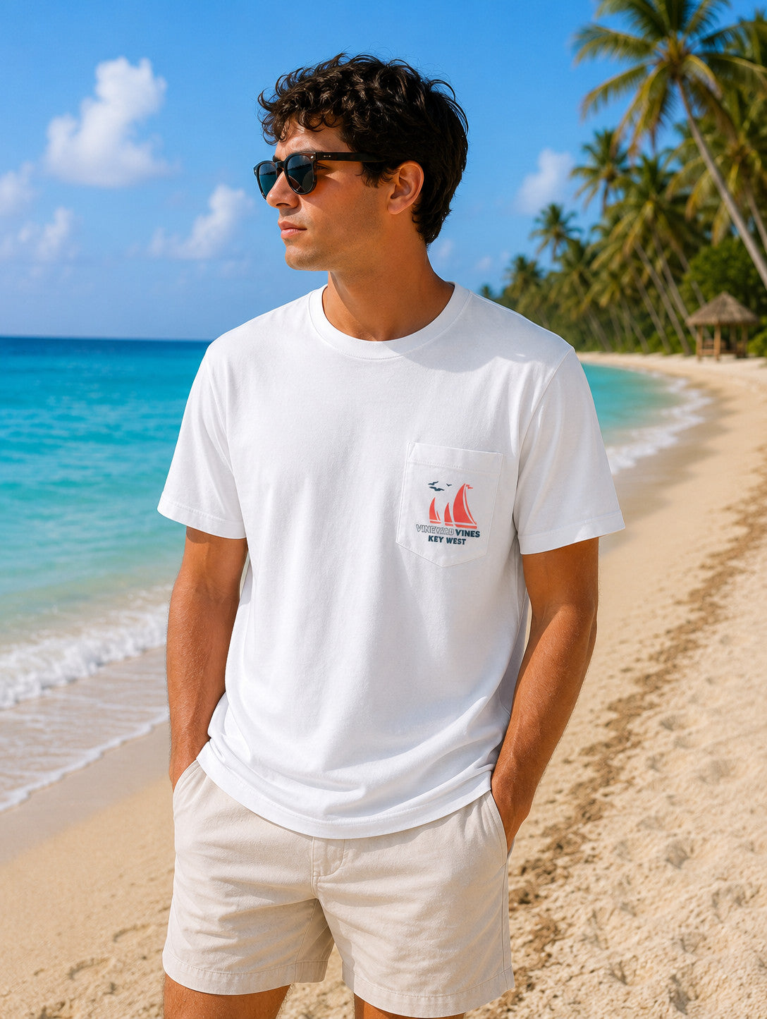 Vineyard Vines Sailboat Flag Key West Pocket Tee SS White Cap