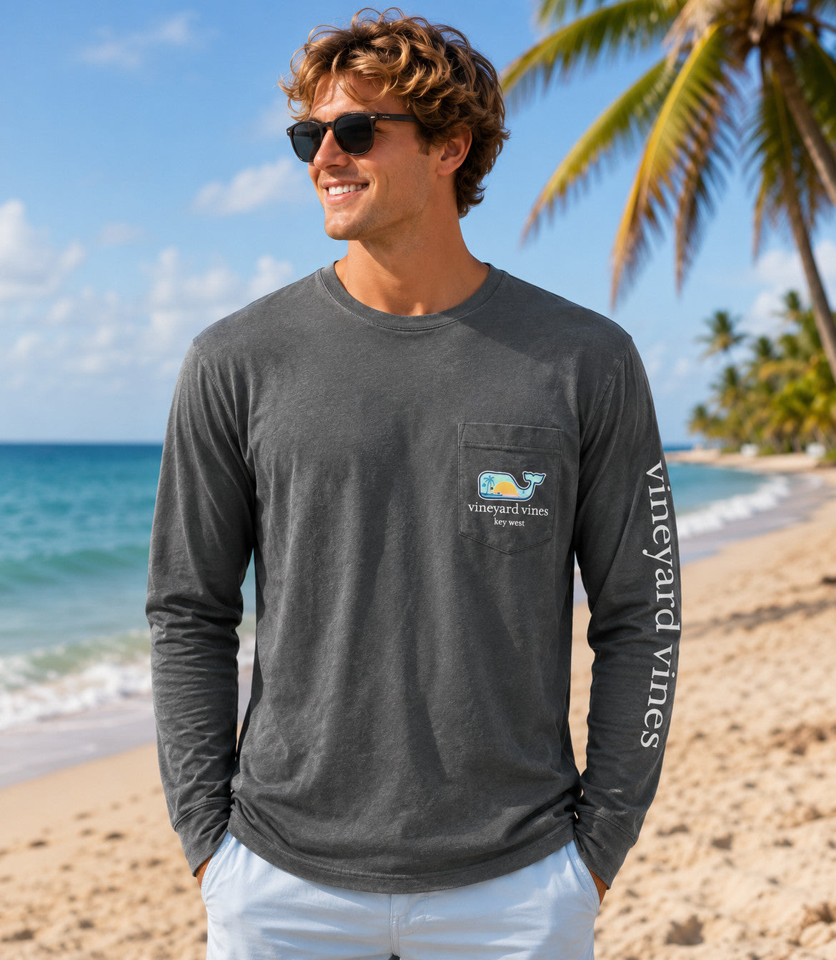 Vineyard Vines Sunset Scene Key West Pocket Tee Long Sleeve