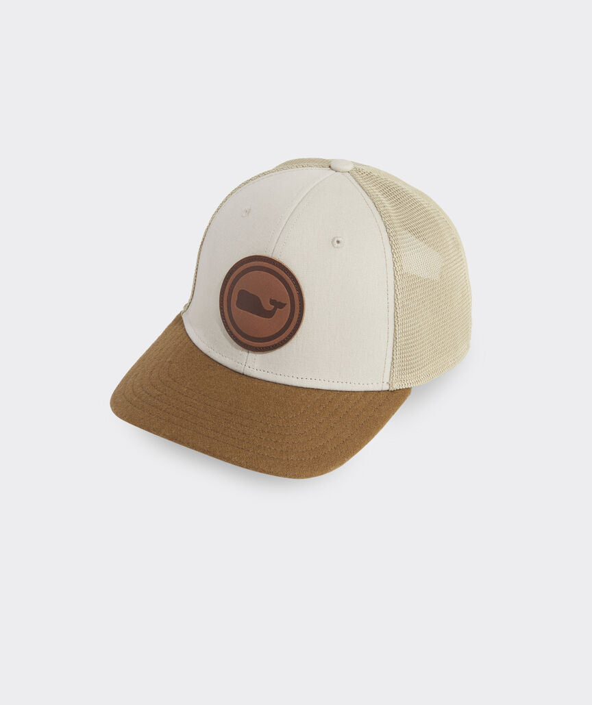 Vineyard Vines Leather Whale Dot Trucker Hat Sandstone