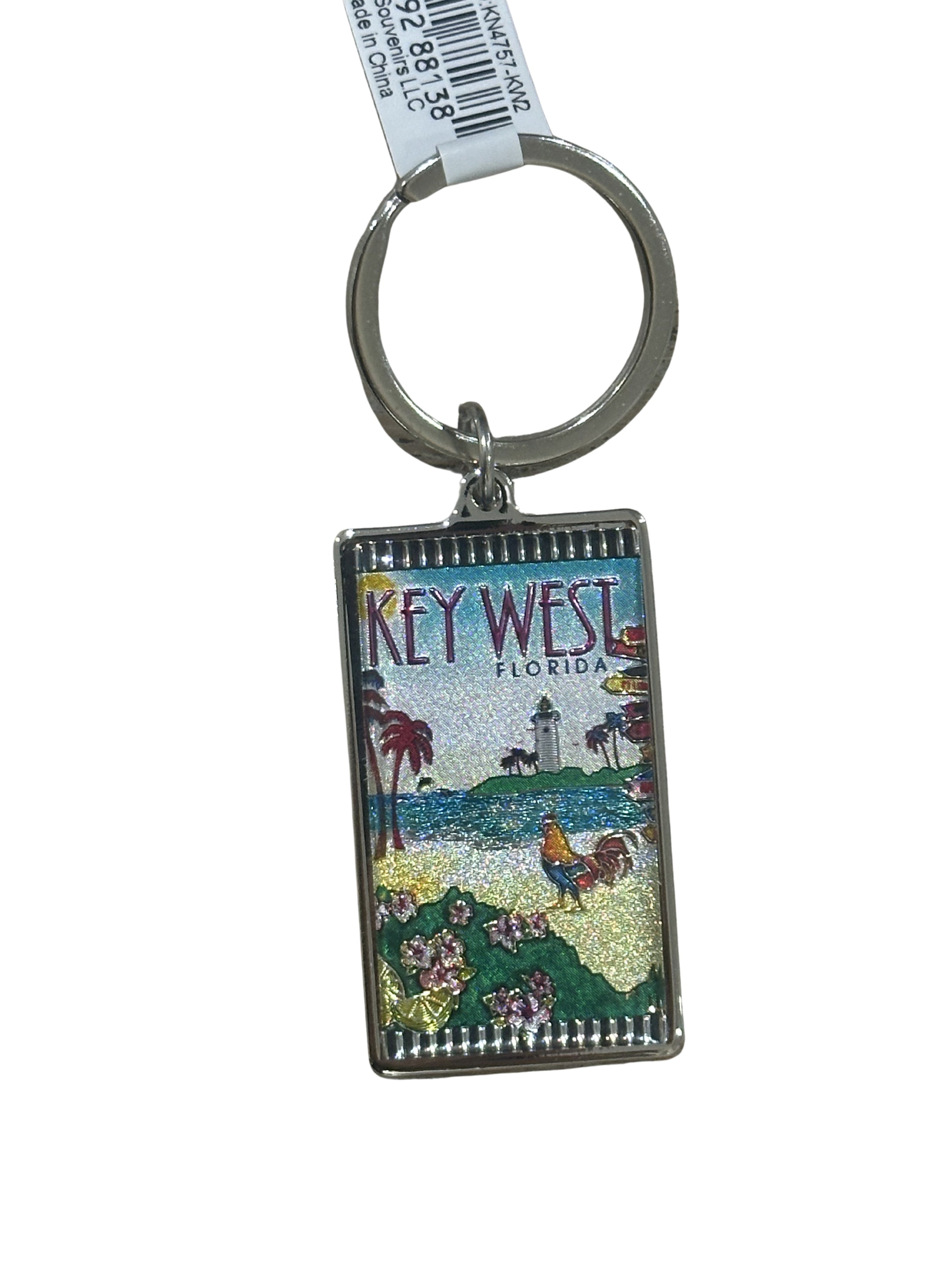 Key West Florida Lighthouse & Rooster Glitter Metal Keychain