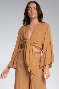 Elan Ruffle Bell Sleeve Tie Top