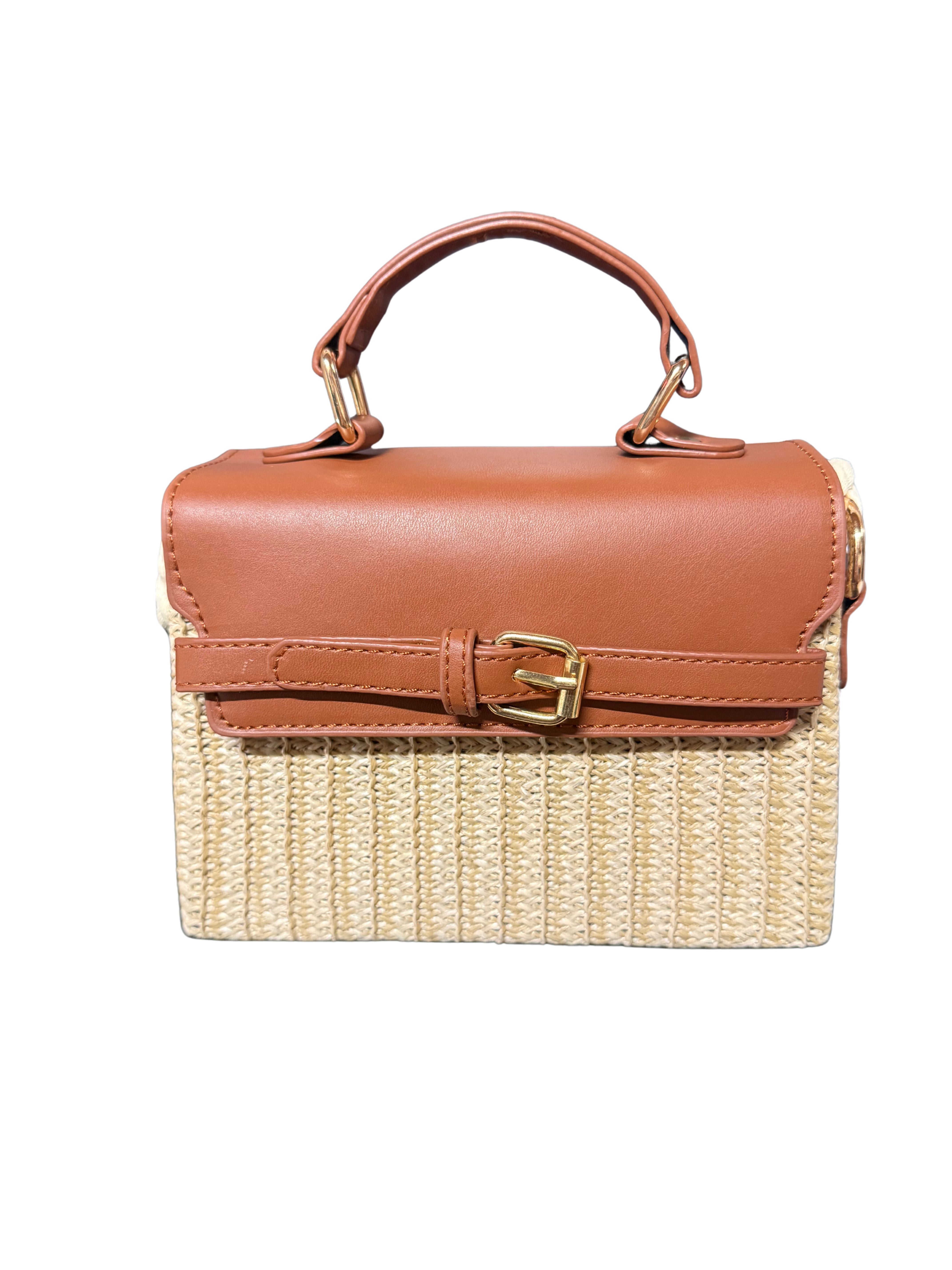 Shaddow and Fish Olivia Woven Rafia Square Shoulder Clutch Light Brown