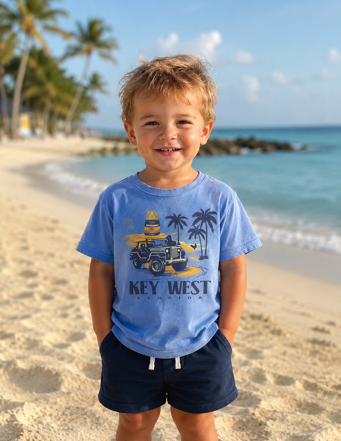 Shaddow and Fish Toddler Plot Stop Jeep Key West SS Tee Tahiti Blue