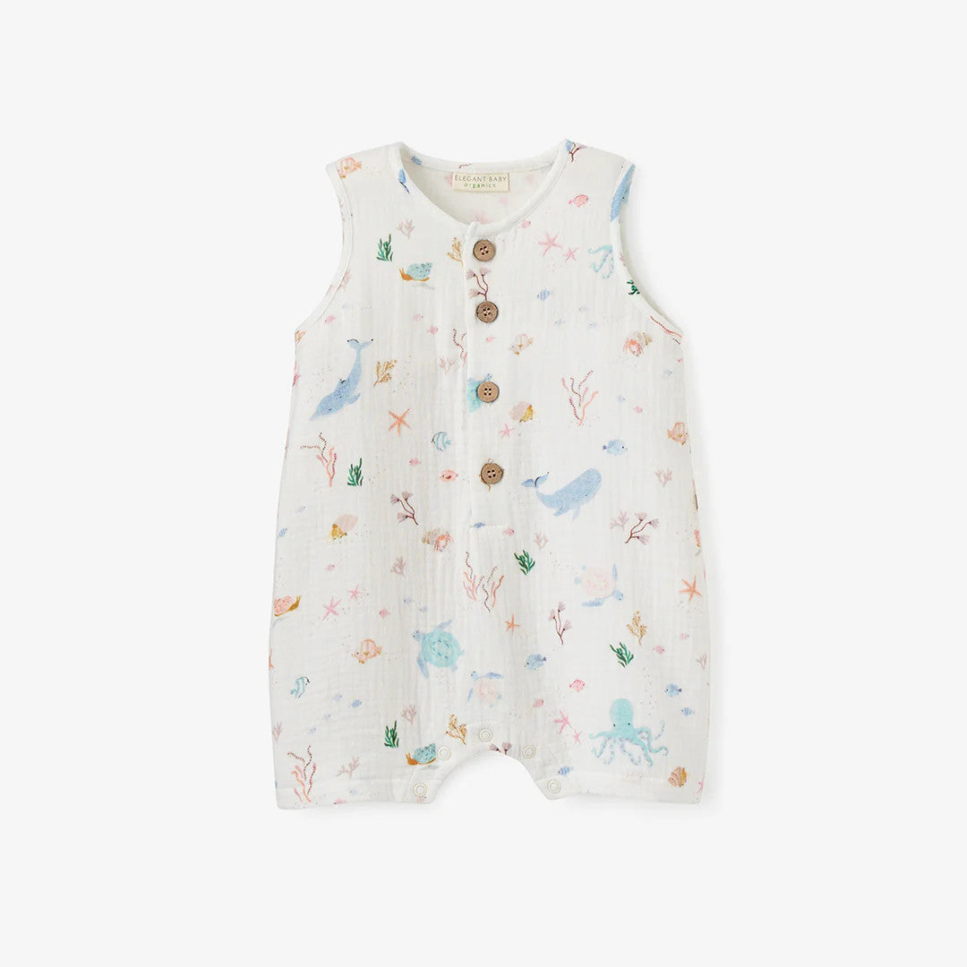 Elegant Baby Ocean Adventure Organic Muslin Shortall White