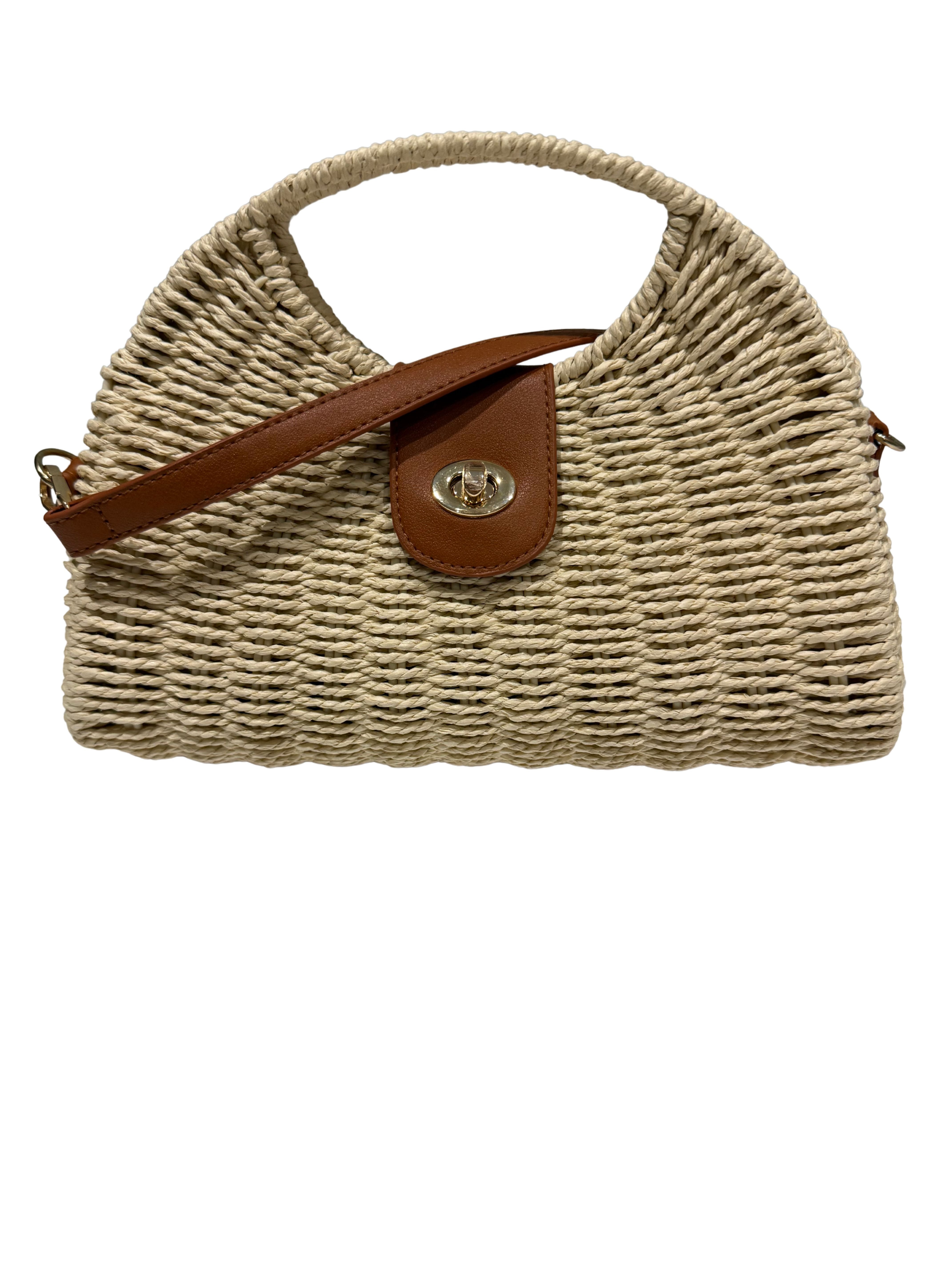 Shaddow and Fish Ruth Fanned Rafia Handbag Beige