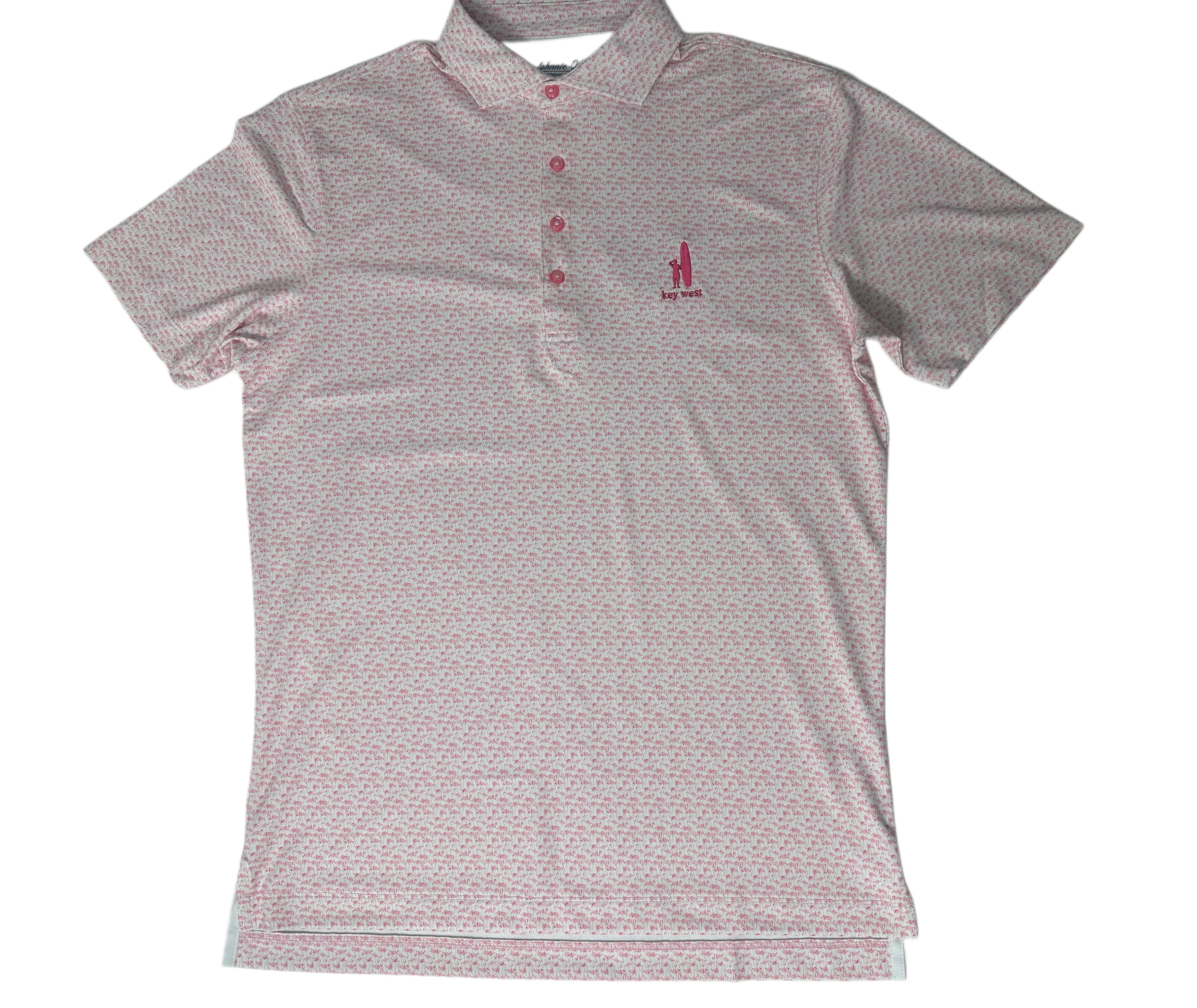 Johnnie-O Flock Yeah Key West Performance Mesh Polo in azalea pink — Key West exclusive polo at Shaddow & Fish