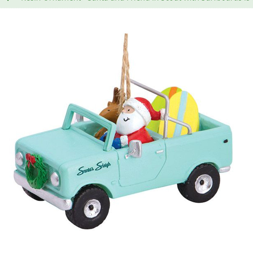 Cape Shore Santa with Friends in Scout with Surfboard Ft Lauderdale Ornament