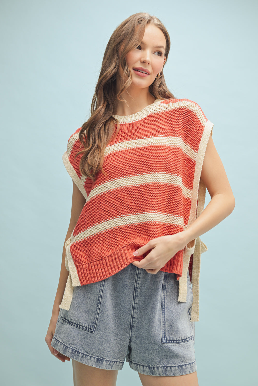 Shaddow and Fish Agata Vest Sweater Papaya/Ecru