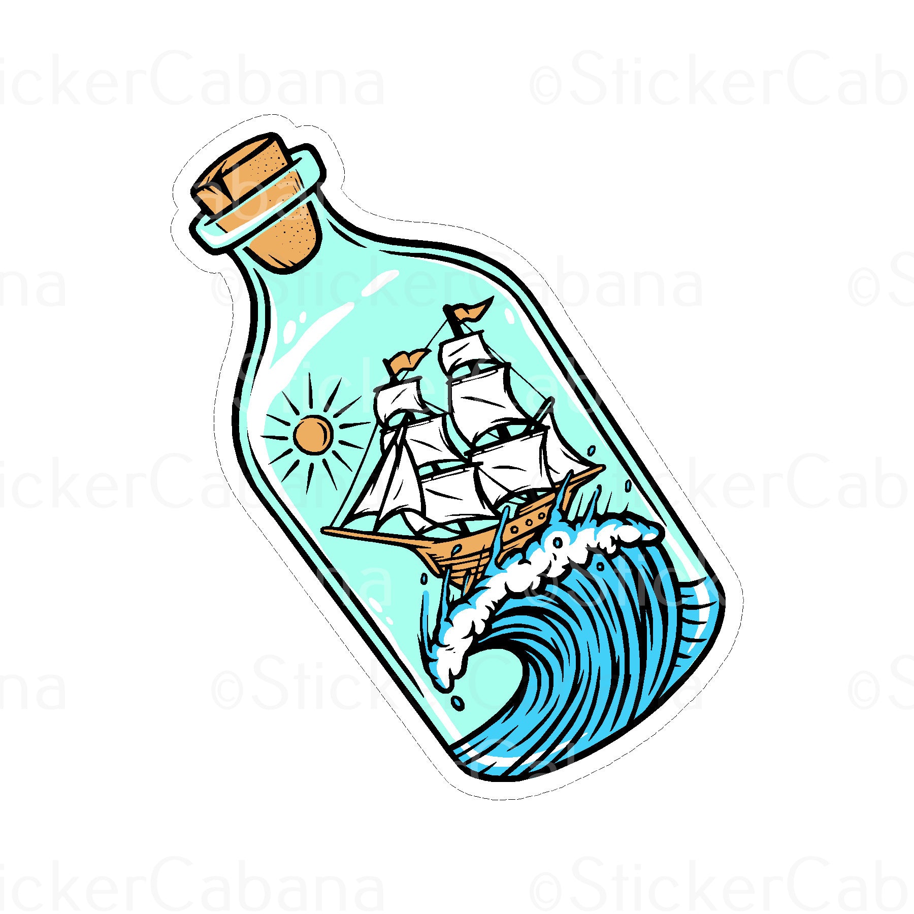 Sticker Cabana Bottle W/Wave & Boat Small Sticker