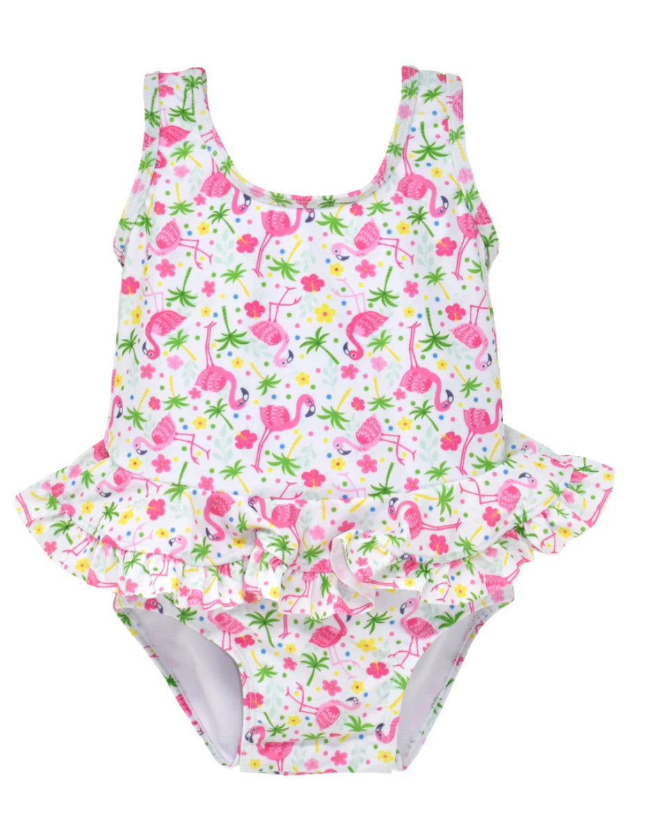Flap Happy Stella Infant Ruffle Swimsuit Flamingo Party