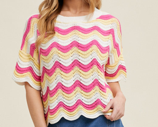 Shaddow and Fish Ida Multi-Striped Wavy Sweater Top Punch/Daisy