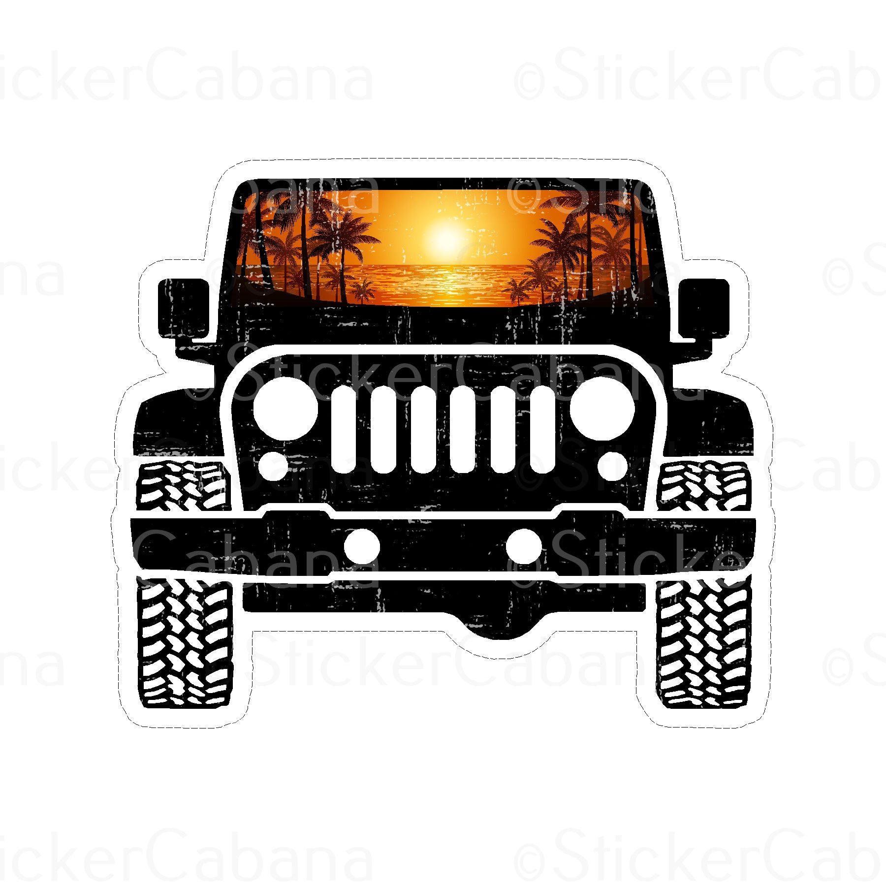 Sticker Cabana Black Jeep W/Orange Sunset In The Windshield Small Sticker