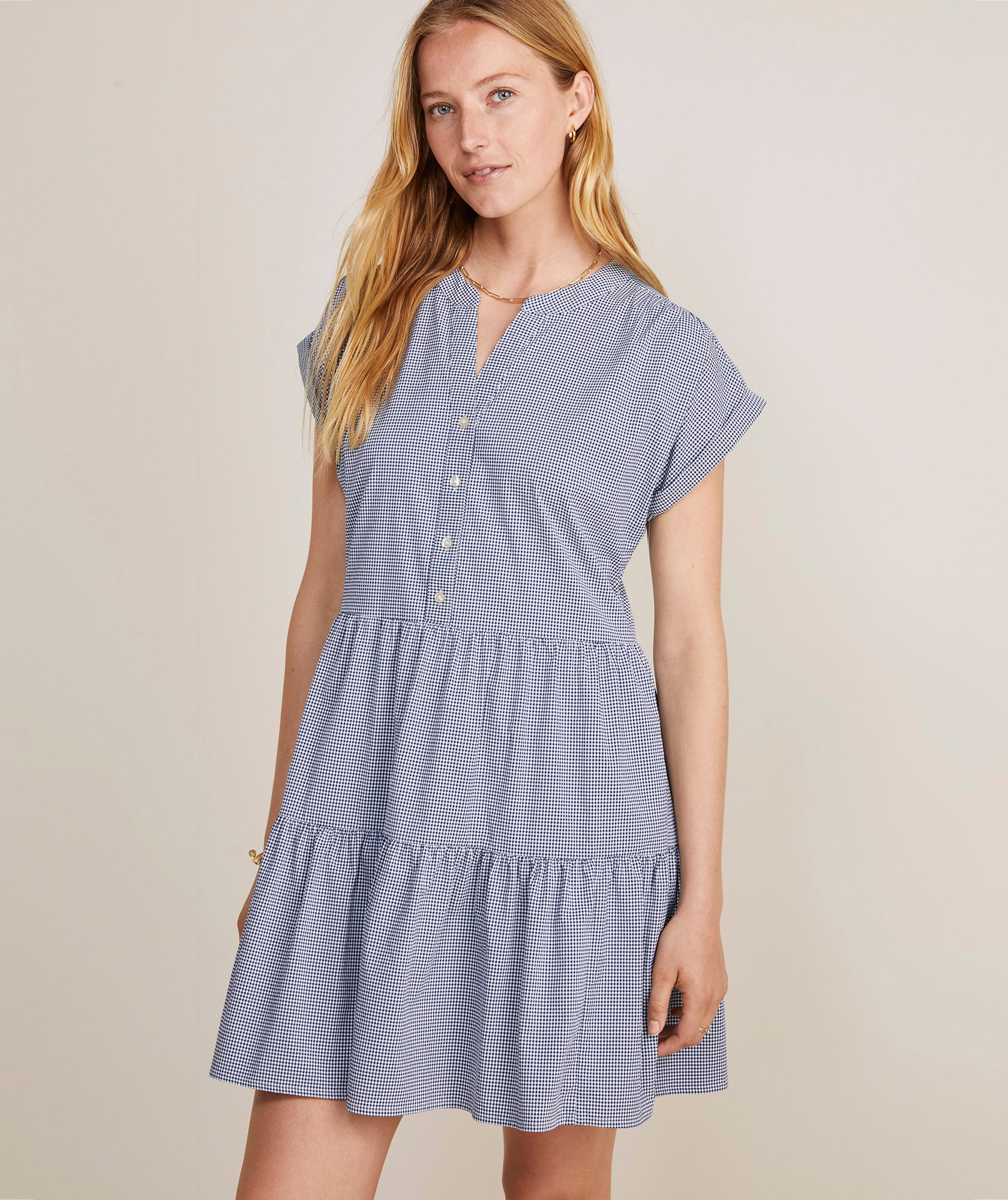 Vineyard Vines Harbor Tiered Shirt Dress Gingham Navy/ White