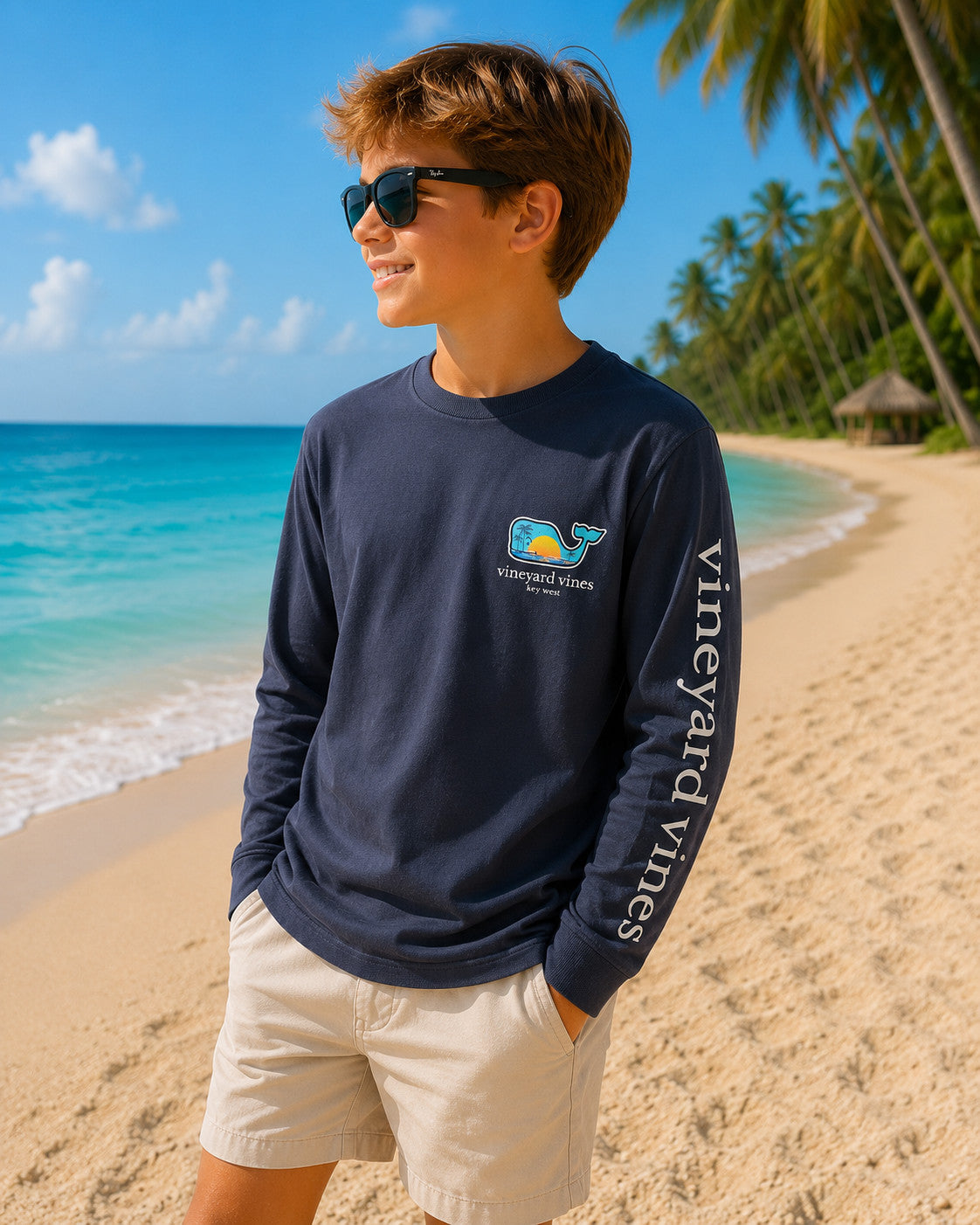 Vineyard Vines Kids Sunset Fill Key West Blue Blazer Pocket Tee LS
