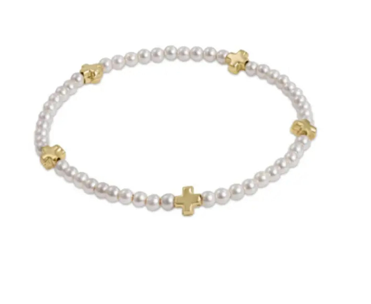 Enewton Signature Cross Small Pearl Pattern 3mm Bead Bracelet Gold