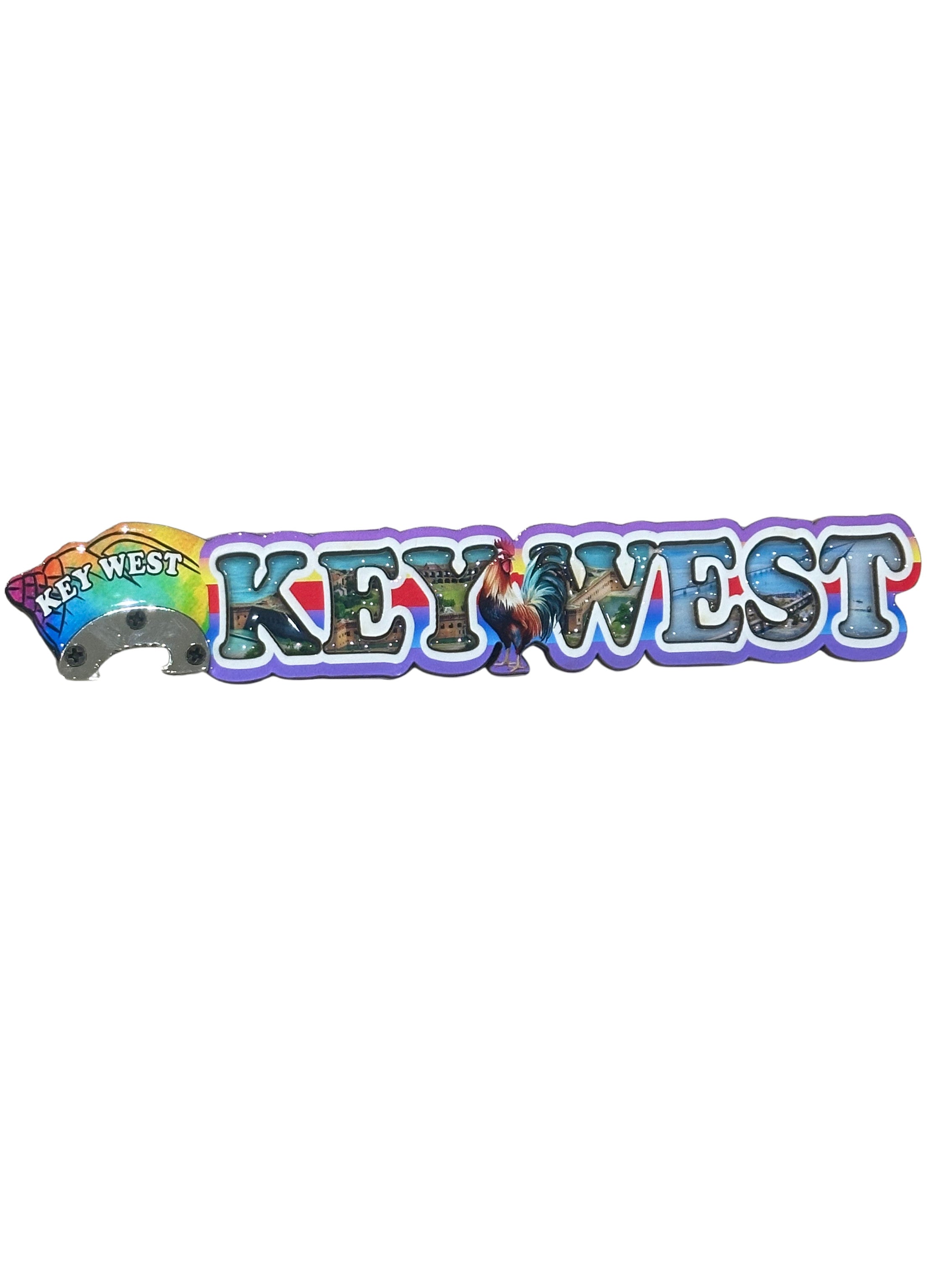 Key West Rooster Bubble Letter Bottle Opener Magnet