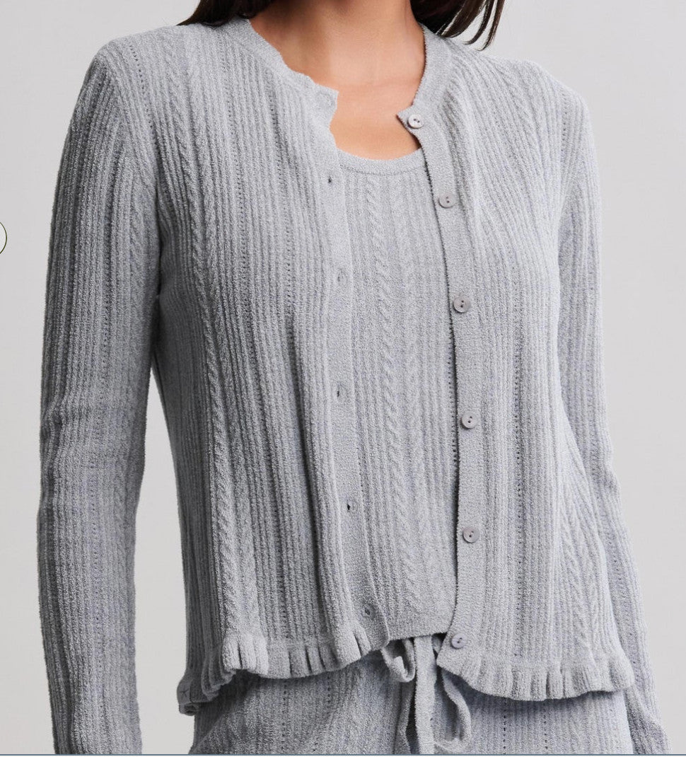 Barefoot Dreams CozyChic Ultra Lite Cable Knit Cardigan With Ruffle Moonbeam