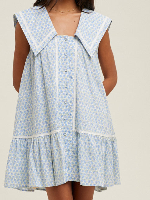 Shaddow and Fish Lina Collared Floral Mini Dress Blue/White