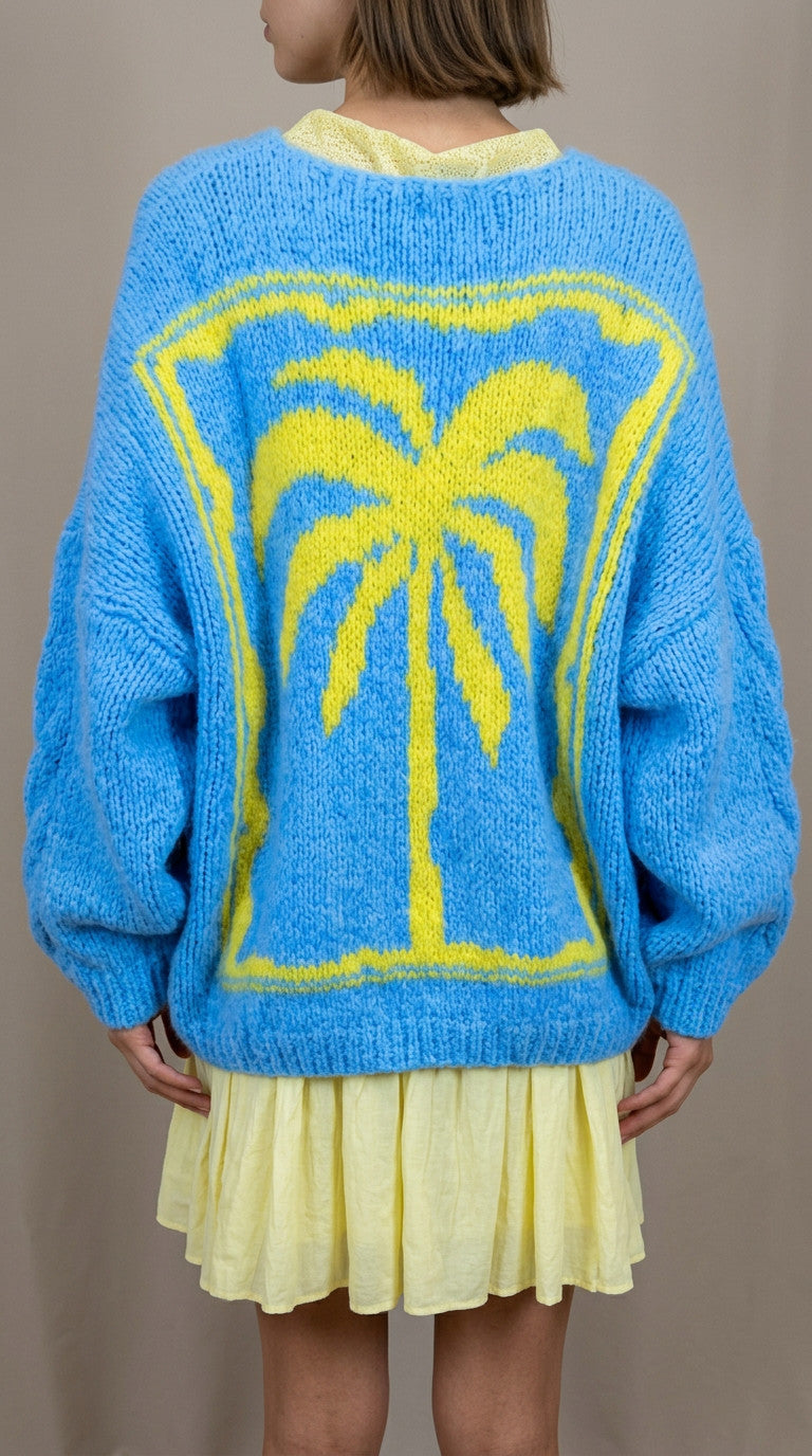 Shaddow and Fish Palm Tree Cardigan Dusty Blue w/ Yellow