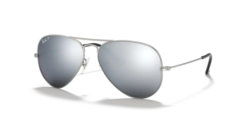 Ray Ban Aviator Large Metal Matte Silver Frame w/ Dark Grey Mirror Lense Sunglasses Polarized