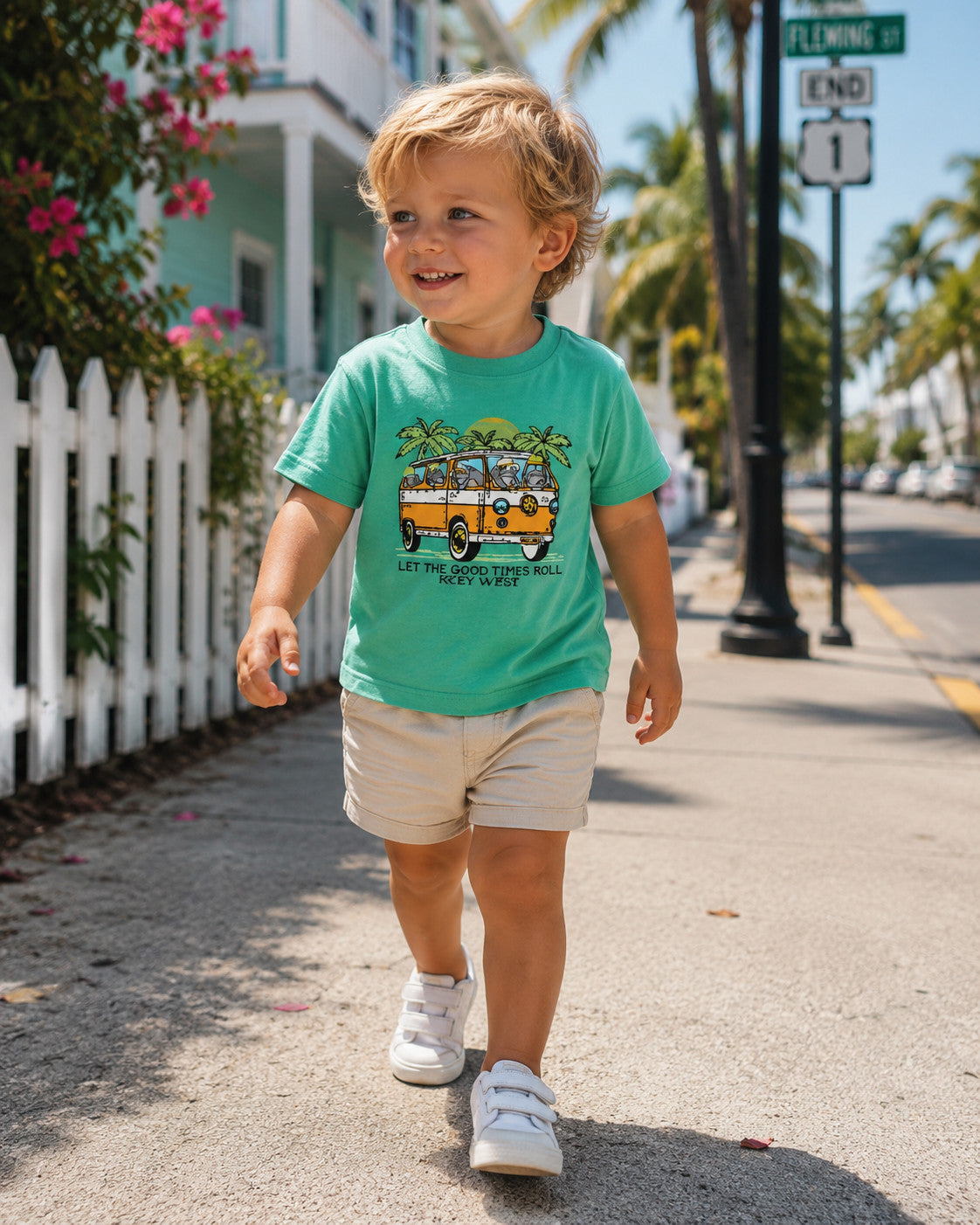 Shaddow and Fish Toddler Road Again Let The Good Time Roll Key West SS Tee Seafoam