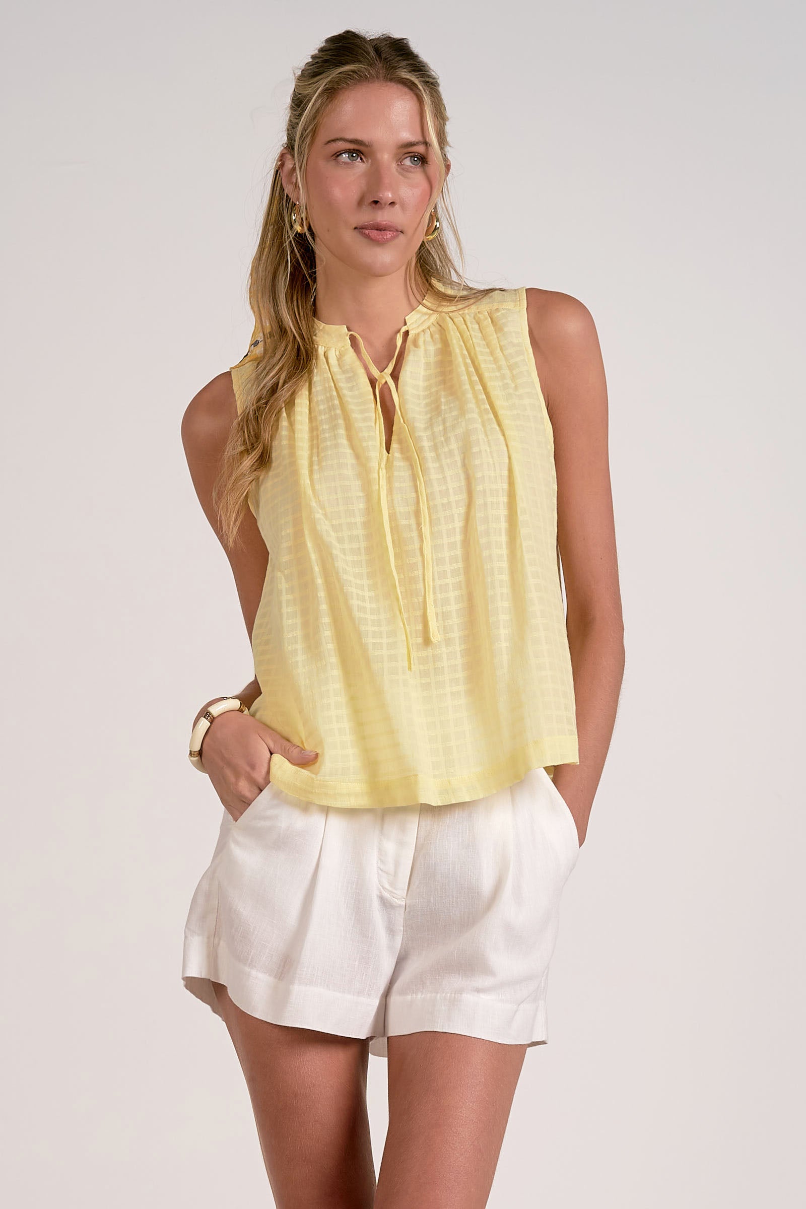 Elan Elodie Sleeveless Tie Neck Top Yellow