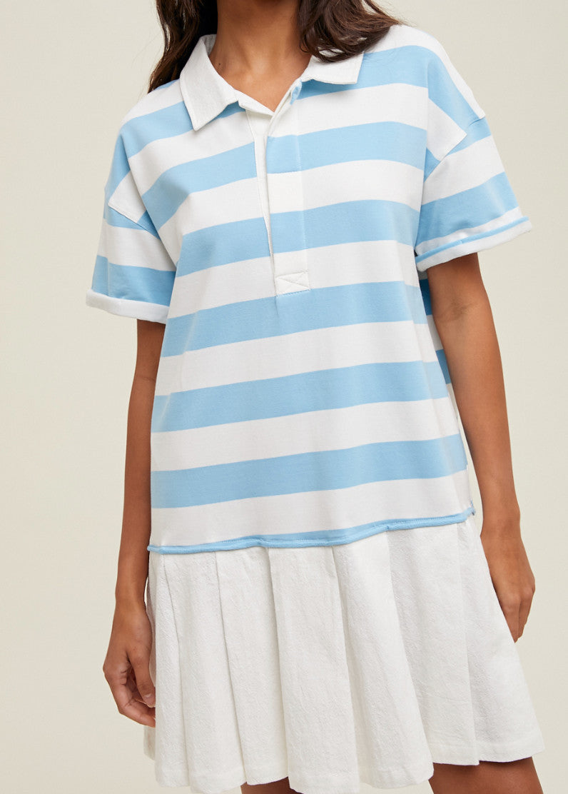 Shaddow and Fish Feyre Striped Mini T-Shirt Dress Sky/White