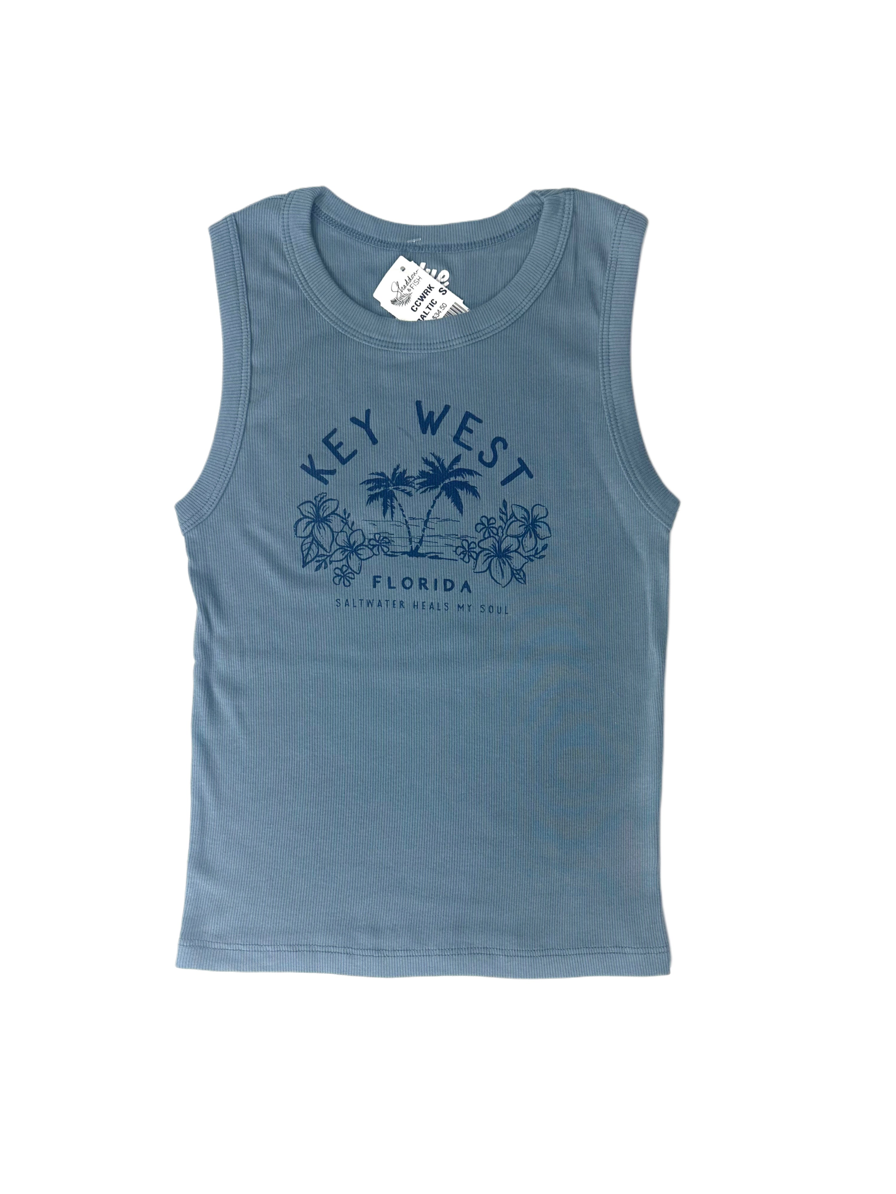 Blue 84 Chill Mood Palm Hibiscus Key West Baby Rib Tank Baltic
