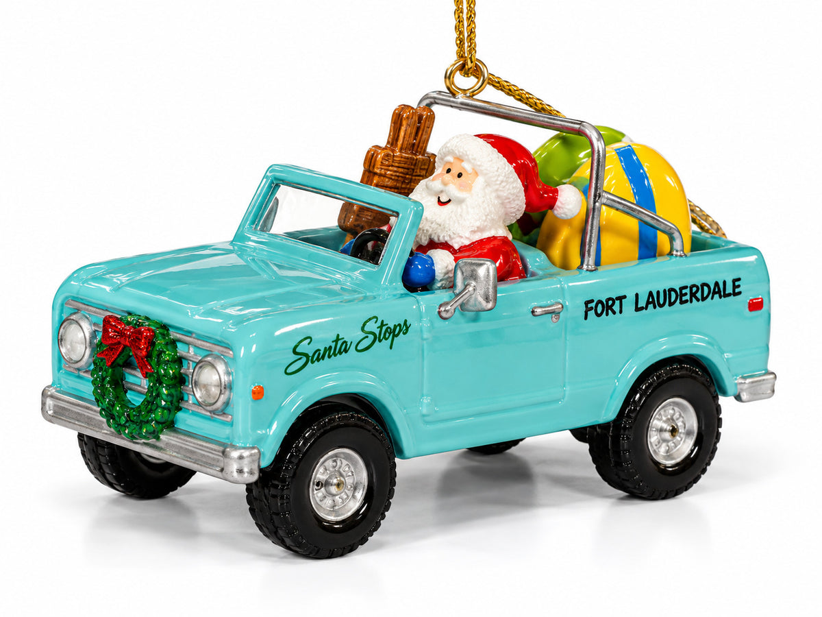 Cape Shore Santa with Friends in Scout with Surfboard Ft Lauderdale Ornament