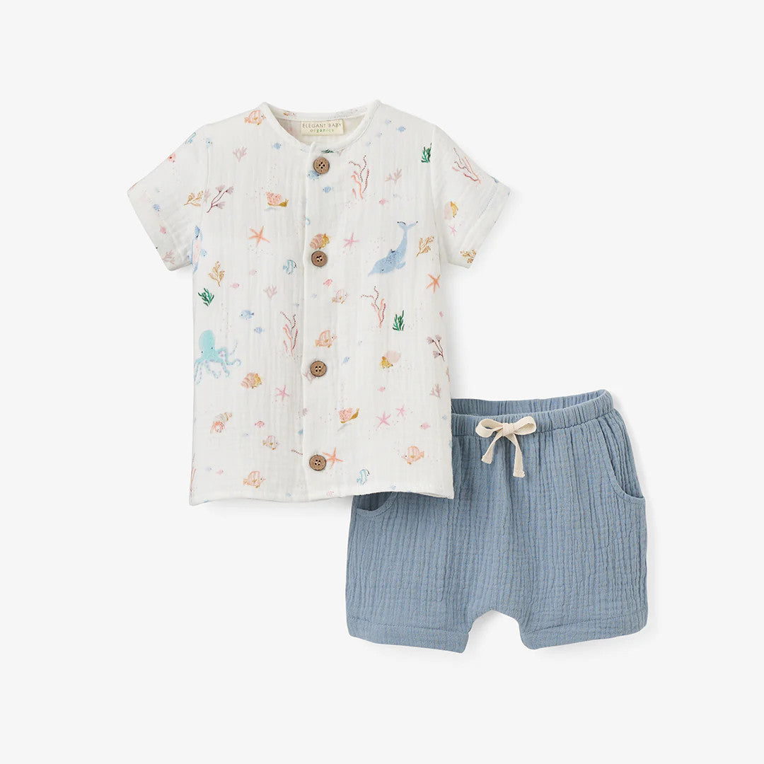 Elegant Baby Ocean Adventure Organic Muslin Tee + Short Set Blue