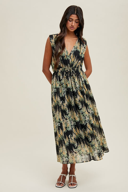Shaddow and Fish Viela Floral Sleeveless Midi Dress Black/White