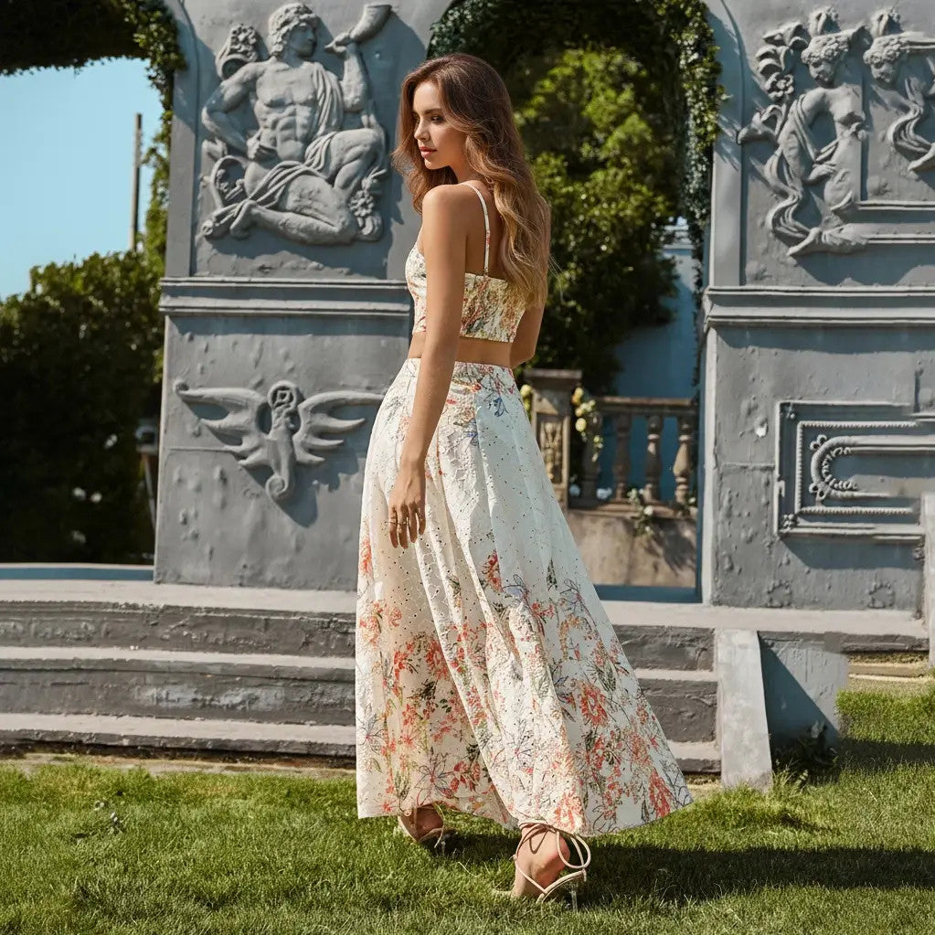 Botanical Eyelet Embroidered Maxi Skirt Orange Multi