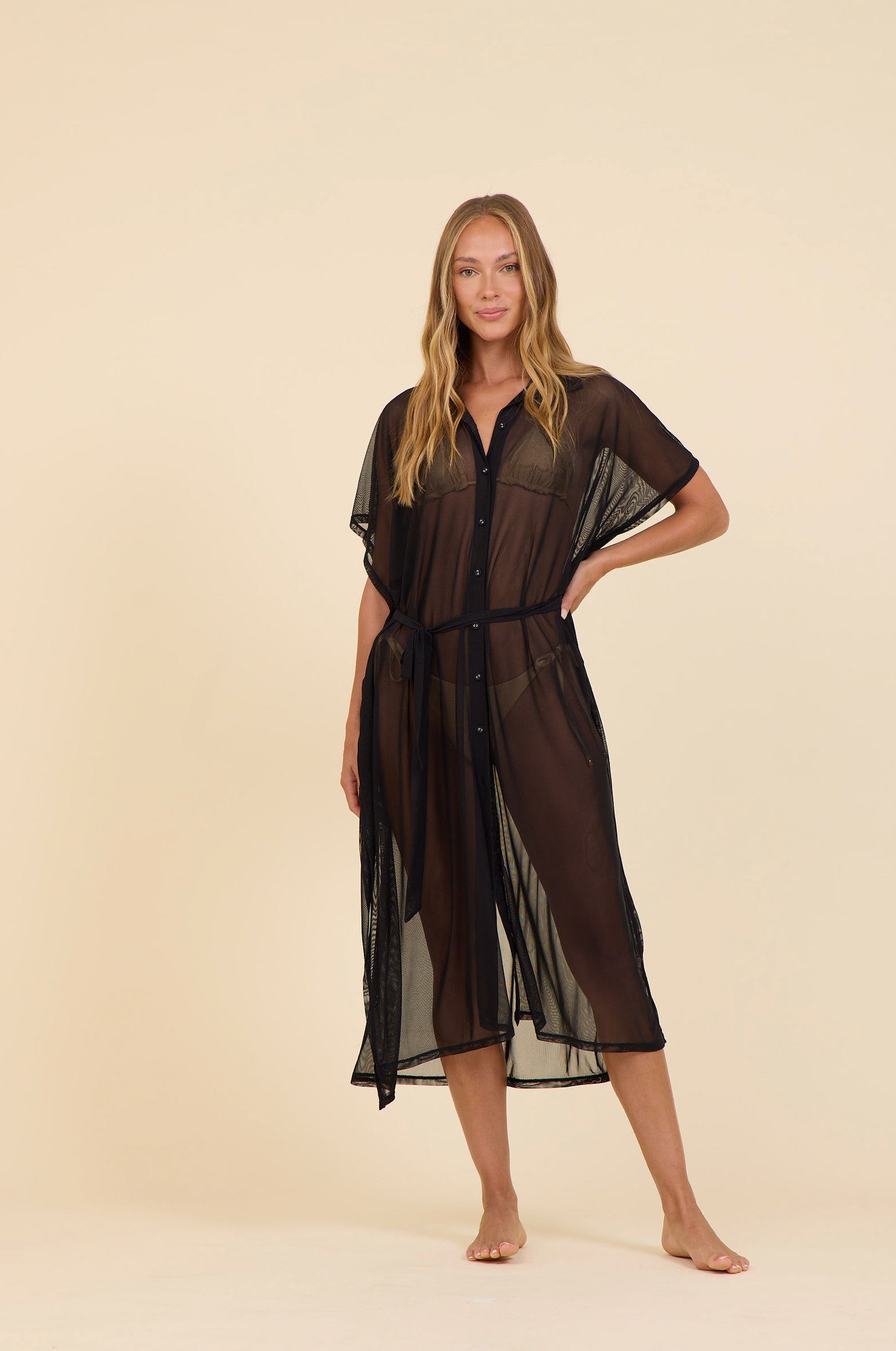 Surf Gypsy Mesh Button Up Cover Up Black