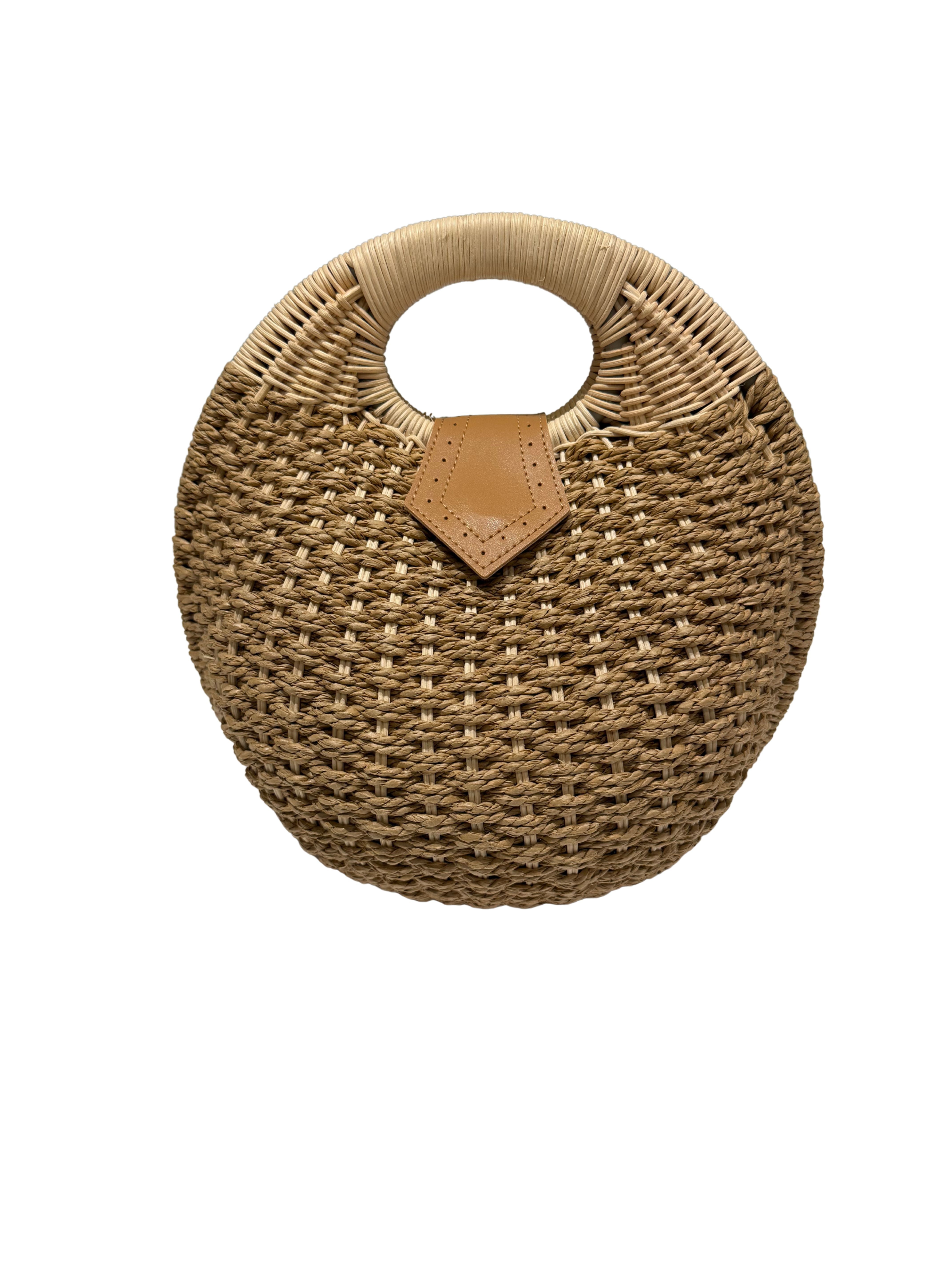 Shaddow and Fish Claire Round Woven Rafia Handbag Brown
