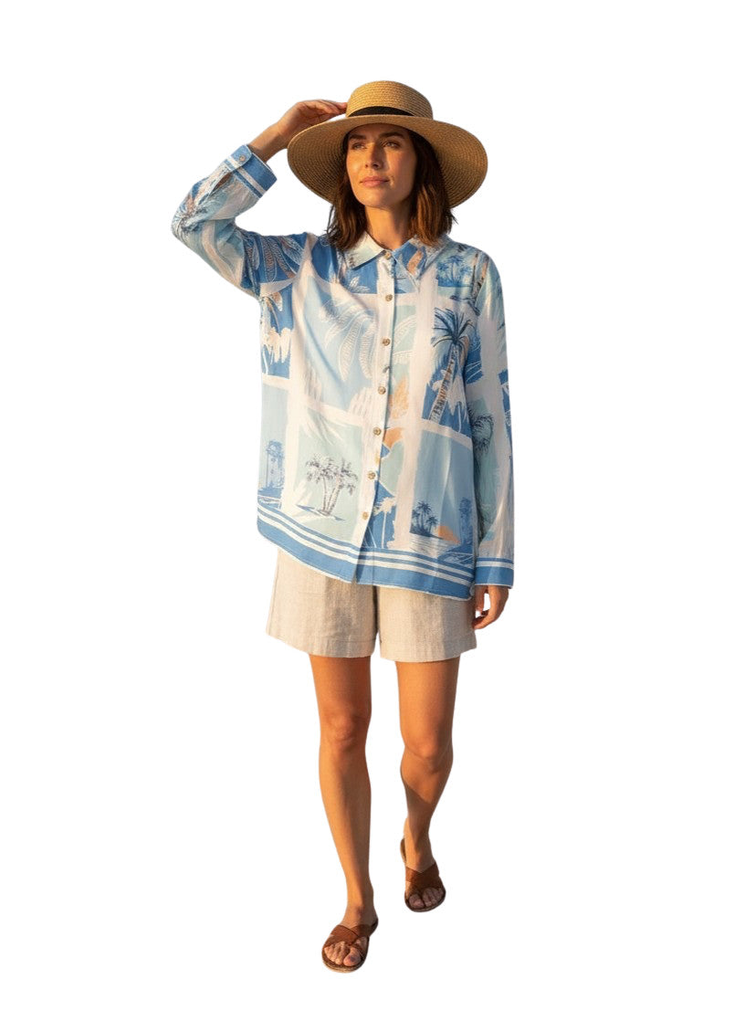 Surf Gypsy Island Postcard Printed Button Down Top LS Crepe