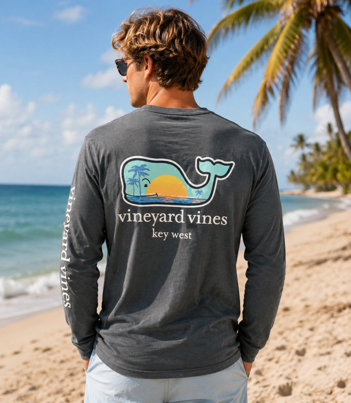 Vineyard Vines Sunset Scene Key West Pocket Tee Long Sleeve