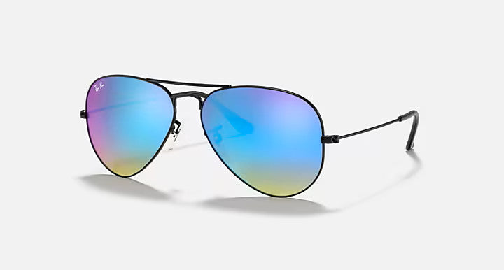 Ray Ban Aviator Large Metal Black Frame w/ Brown Gradient Mirror Blue Lens Sunglasses