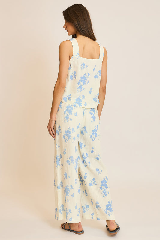 Shaddow and Fish Kayla Floral Relaxed Pants Cream/Blue