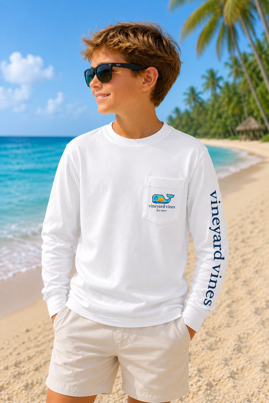 Vineyard Vines Kids Sunset Fill Key West White Cap Pocket Tee LS