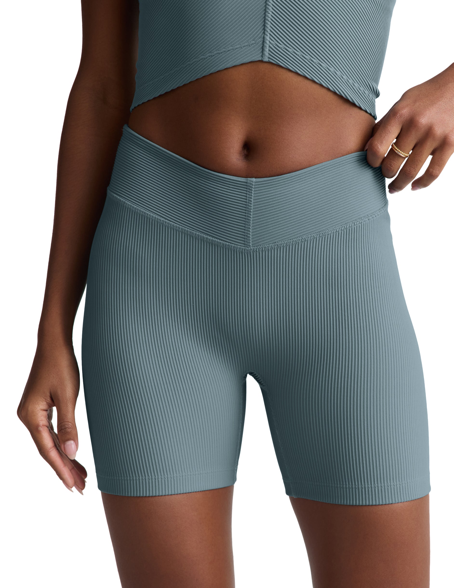 Beyond Yoga Impulse Ribbed Waist 5" Biker Short Shaken Blue