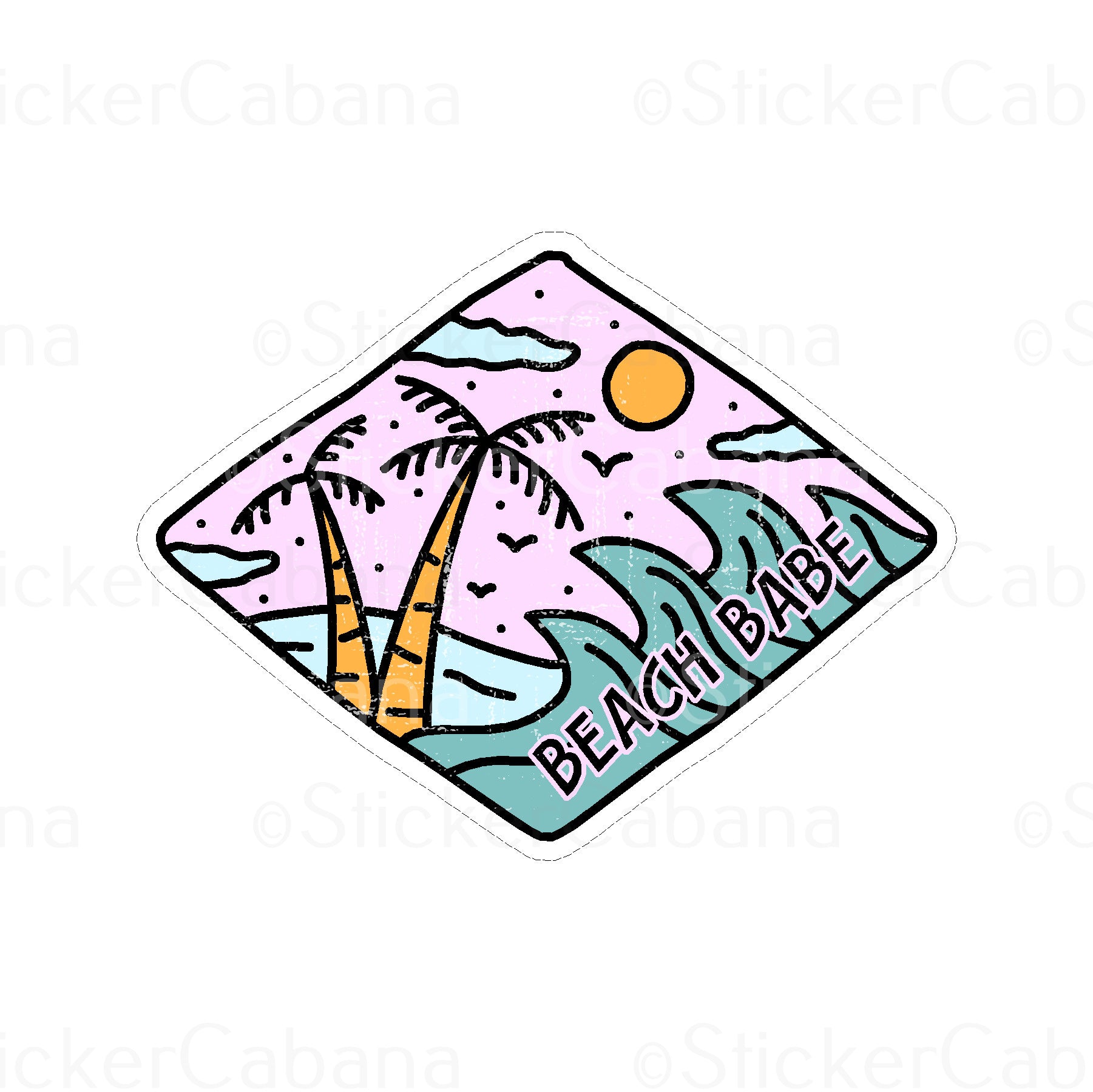Sticker Cabana Beach Babe W/Pink Sky & Diamond Shape Large Sticker