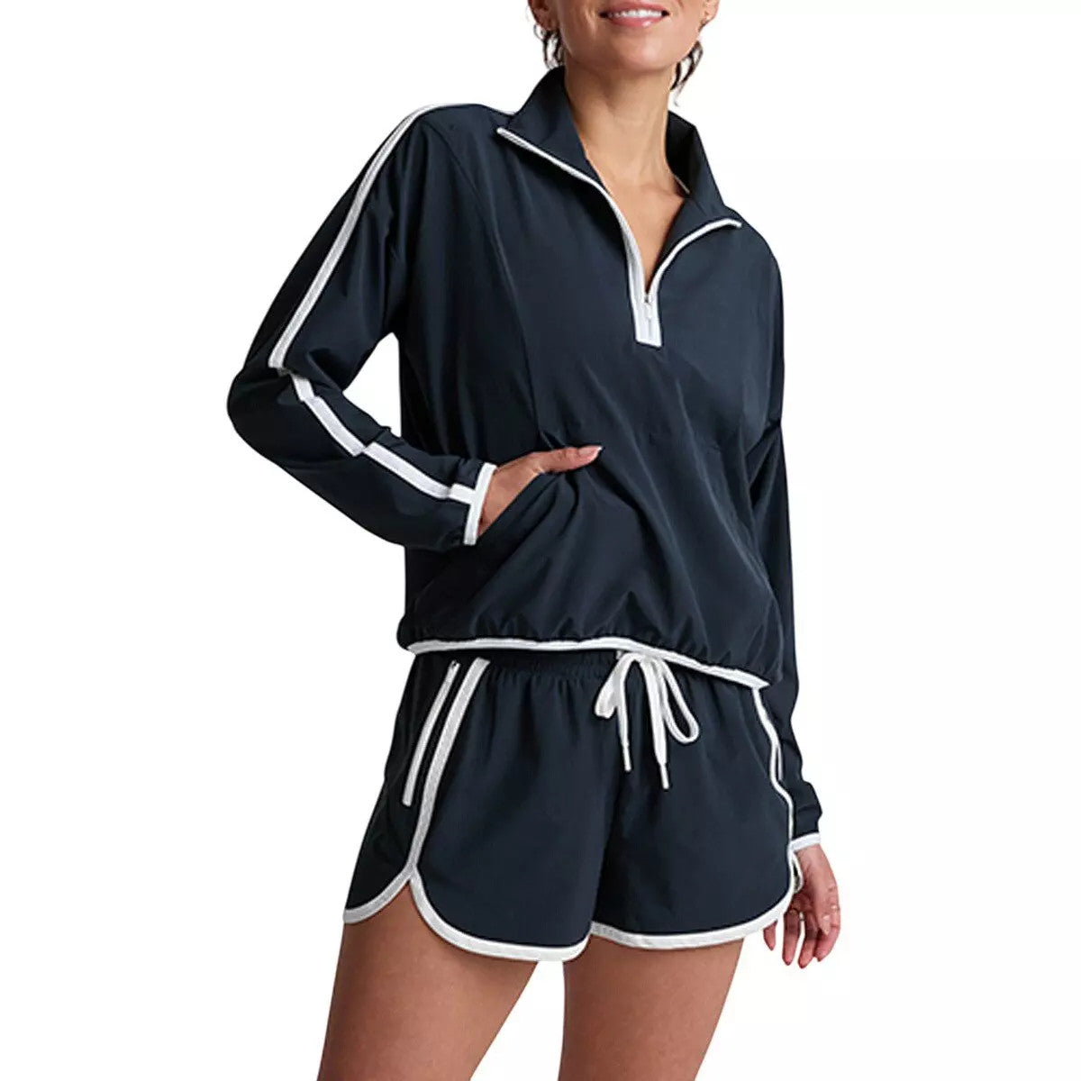 Beyond Yoga Course Contract Half Zip Pullover Nocturnal Navy/ True White