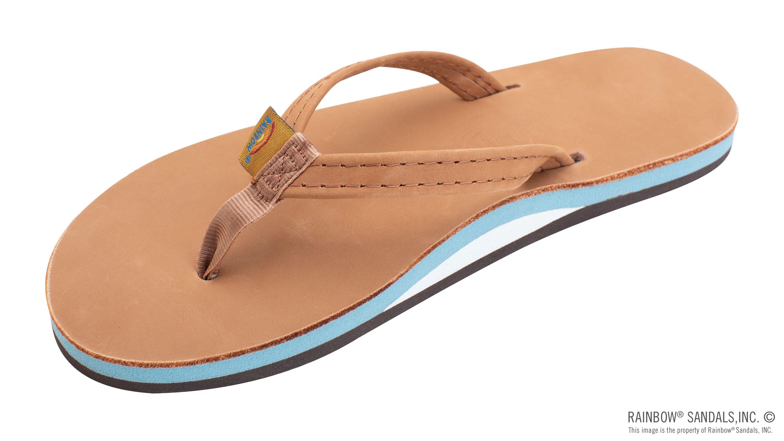 Rainbow Sandals Womens Narrow Strap Single Layer Premier Leather w/ Arch Support Tan Blue