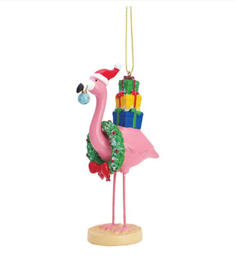 Cape Shore Key West Flamingo with Wreath and Presents Ornament