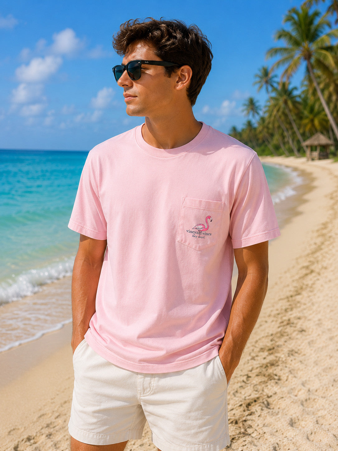 Vineyard Vines Flamingo Beach Scene Key West Pocket Tee SS Flamingo