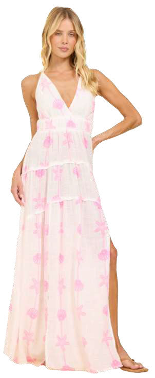 Surf Gypsy Pink Shell Halter Maxi Dress White