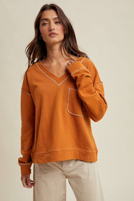 Shaddow and Fish Griffin Pocket V- Neck Top LS