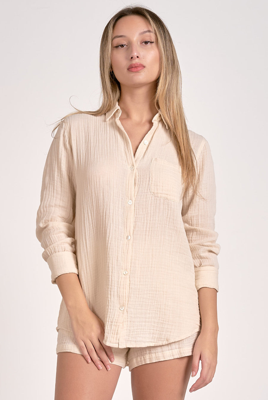 Elan Camilla Button Down Top Natural
