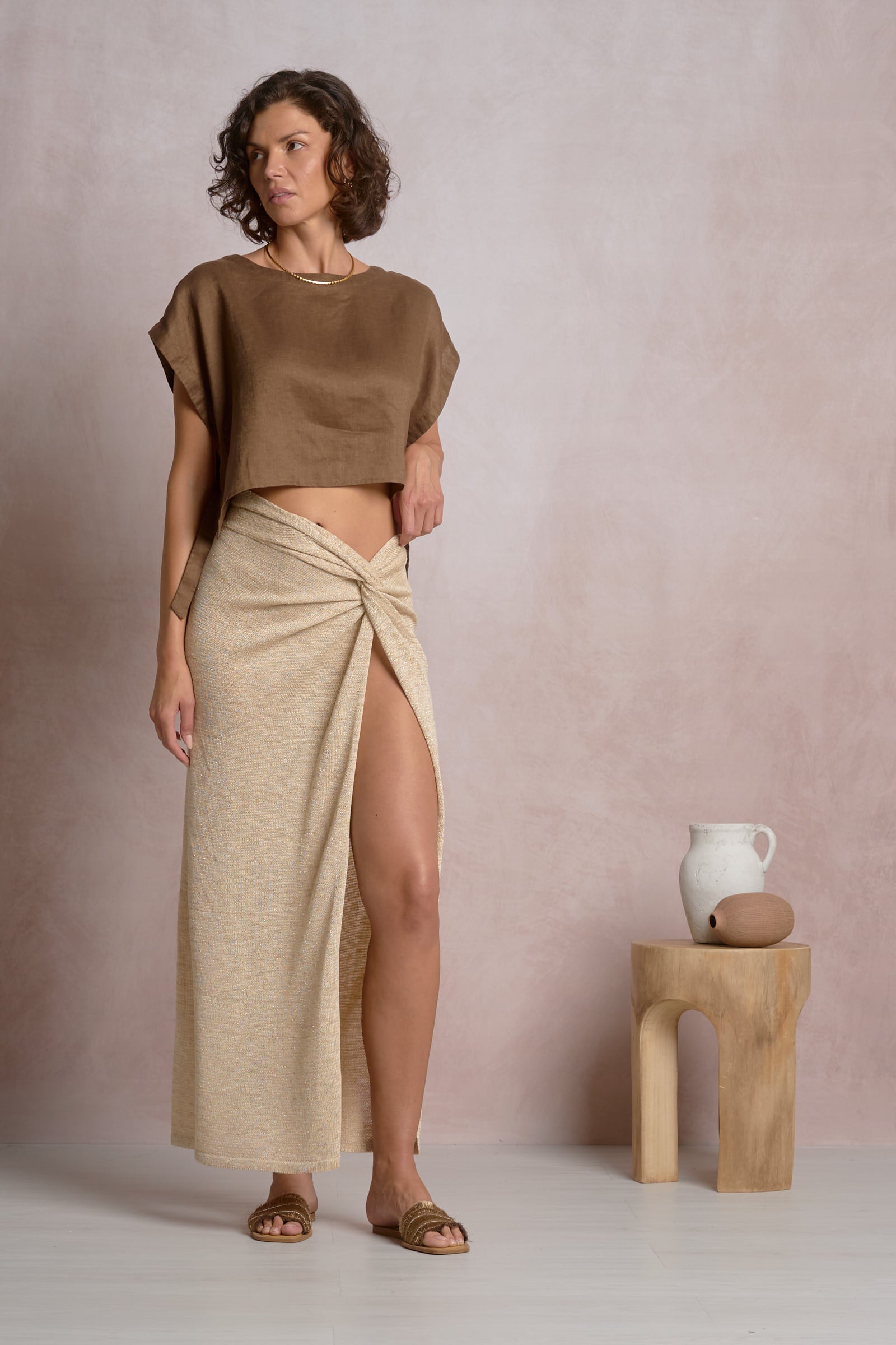 Elan Kaylee Crop Side Tie Top Brown